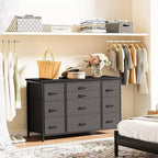 Commode en tissu avec 10 tiroirs de rangement pour chambre à coucher, meuble TV de 55 pouces avec prise de courant, cadre en métal robuste, plateau en bois pour chambre d'amis, placard, entrée