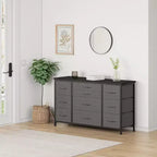 Commode en tissu avec 10 tiroirs de rangement pour chambre à coucher, meuble TV de 55 pouces avec prise de courant, cadre en métal robuste, plateau en bois pour chambre d'amis, placard, entrée