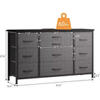 Commode en tissu avec 10 tiroirs de rangement pour chambre à coucher, meuble TV de 55 pouces avec prise de courant, cadre en métal robuste, plateau en bois pour chambre d'amis, placard, entrée