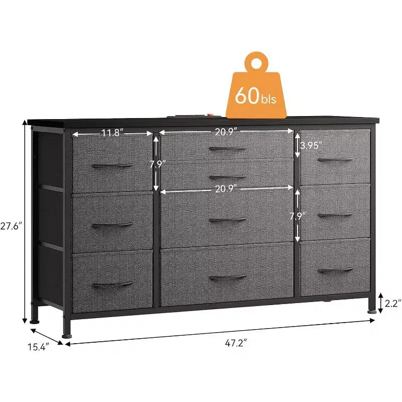 Commode en tissu avec 10 tiroirs de rangement pour chambre à coucher, meuble TV de 55 pouces avec prise de courant, cadre en métal robuste, plateau en bois pour chambre d'amis, placard, entrée