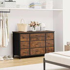 Commode en tissu avec 10 tiroirs de rangement pour chambre à coucher, meuble TV de 55 pouces avec prise de courant, cadre en métal robuste, plateau en bois pour chambre d'amis, placard, entrée