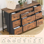 Commode en tissu avec 10 tiroirs de rangement pour chambre à coucher, meuble TV de 55 pouces avec prise de courant, cadre en métal robuste, plateau en bois pour chambre d'amis, placard, entrée
