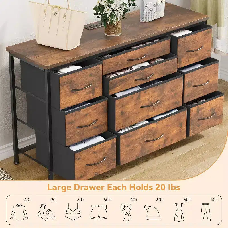 Commode en tissu avec 10 tiroirs de rangement pour chambre à coucher, meuble TV de 55 pouces avec prise de courant, cadre en métal robuste, plateau en bois pour chambre d'amis, placard, entrée