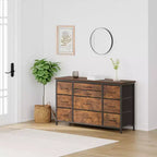 Commode en tissu avec 10 tiroirs de rangement pour chambre à coucher, meuble TV de 55 pouces avec prise de courant, cadre en métal robuste, plateau en bois pour chambre d'amis, placard, entrée