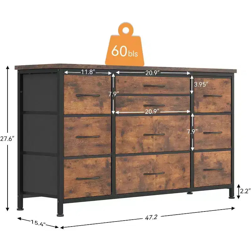 Commode en tissu avec 10 tiroirs de rangement pour chambre à coucher, meuble TV de 55 pouces avec prise de courant, cadre en métal robuste, plateau en bois pour chambre d'amis, placard, entrée
