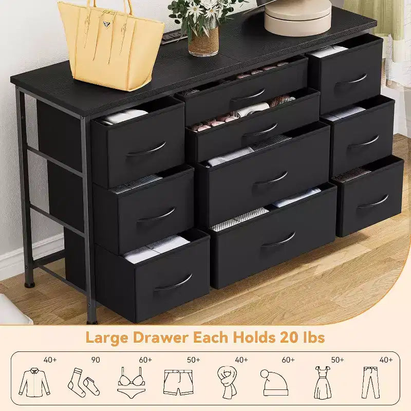 Commode en tissu avec 10 tiroirs de rangement pour chambre à coucher, meuble TV de 55 pouces avec prise de courant, cadre en métal robuste, plateau en bois pour chambre d'amis, placard, entrée