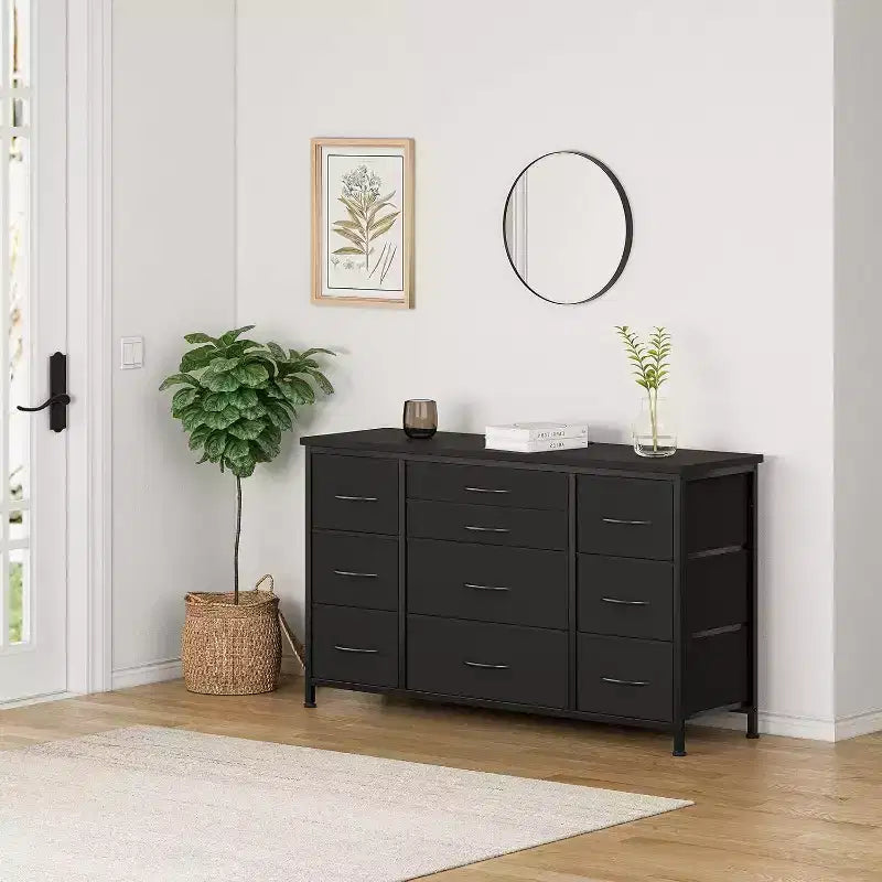 Commode en tissu avec 10 tiroirs de rangement pour chambre à coucher, meuble TV de 55 pouces avec prise de courant, cadre en métal robuste, plateau en bois pour chambre d'amis, placard, entrée