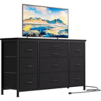 Fabric Dresser with 10 Storage Drawer for Bedroom,55 TV Stand with Power Outlet,Sturdy Metal Frame, Wood Tabletop for Guest Room, Closet, Entryway