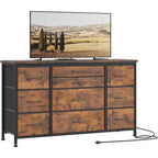 Commode en tissu avec 10 tiroirs de rangement pour chambre à coucher, meuble TV de 55 pouces avec prise de courant, cadre en métal robuste, plateau en bois pour chambre d'amis, placard, entrée