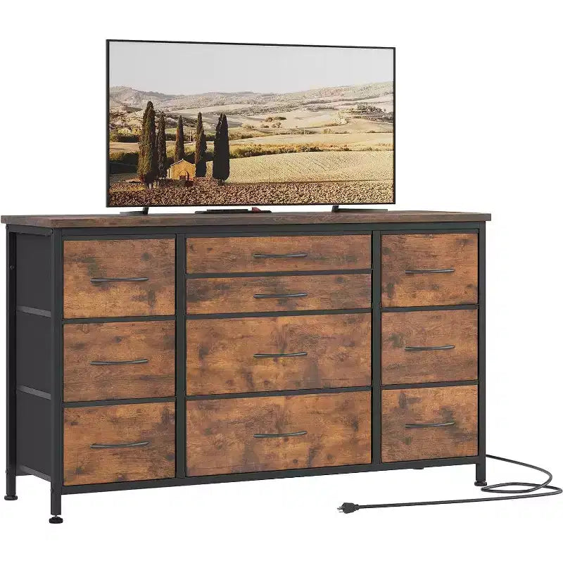 Commode en tissu avec 10 tiroirs de rangement pour chambre à coucher, meuble TV de 55 pouces avec prise de courant, cadre en métal robuste, plateau en bois pour chambre d'amis, placard, entrée