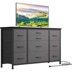 Commode en tissu avec 10 tiroirs de rangement pour chambre à coucher, meuble TV de 55 pouces avec prise de courant, cadre en métal robuste, plateau en bois pour chambre d'amis, placard, entrée
