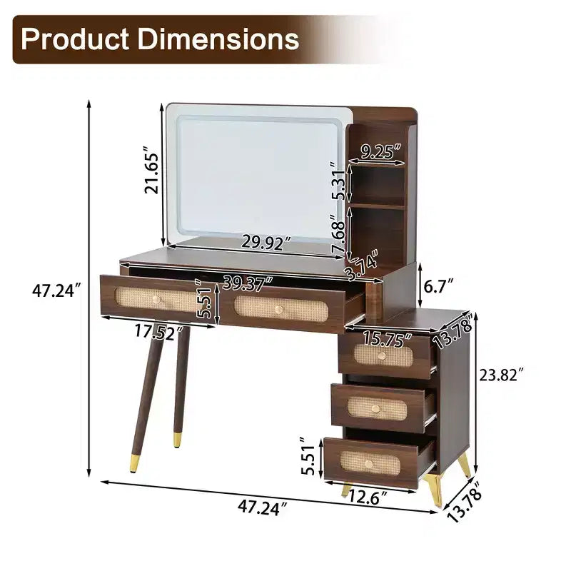 Coiffeuse Whisen avec miroir, lumières, 5 tiroirs et étagère de rangement