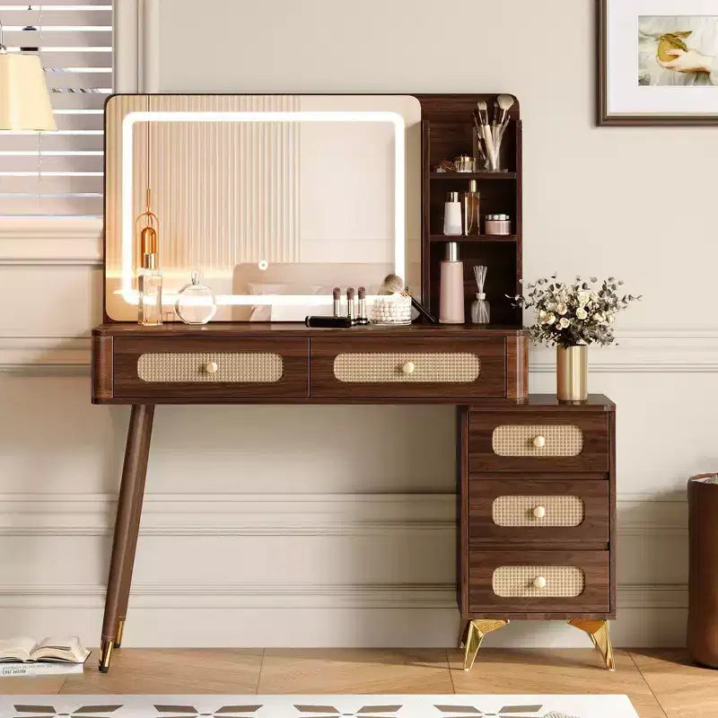 Coiffeuse Whisen avec miroir, lumières, 5 tiroirs et étagère de rangement