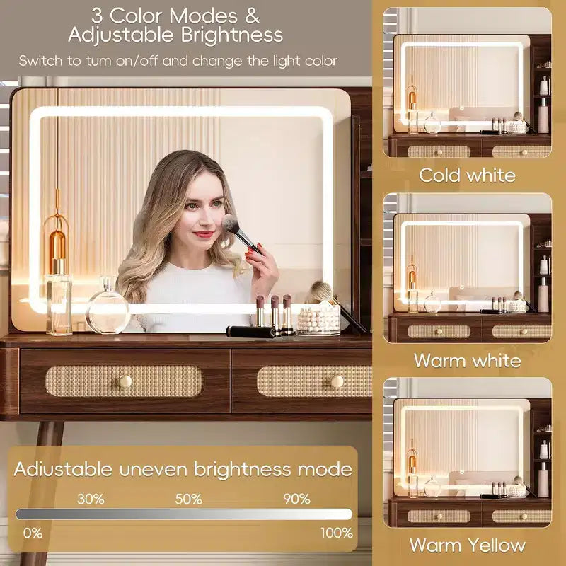 Coiffeuse Whisen avec miroir, lumières, 5 tiroirs et étagère de rangement
