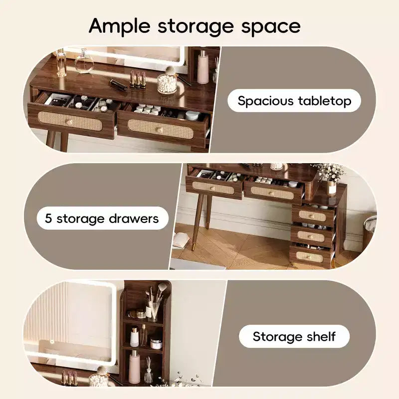 Coiffeuse Whisen avec miroir, lumières, 5 tiroirs et étagère de rangement