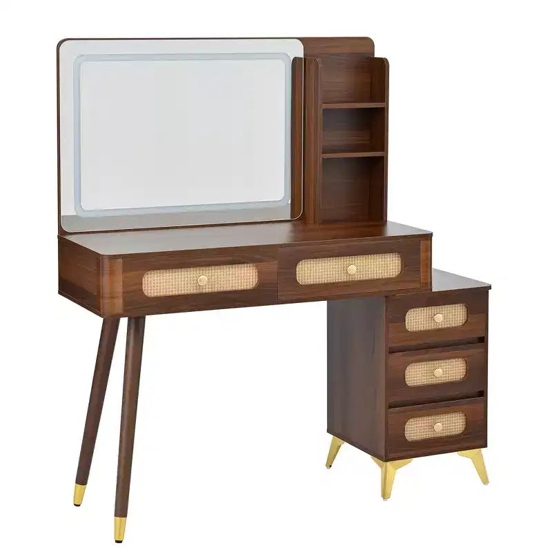 Coiffeuse Whisen avec miroir, lumières, 5 tiroirs et étagère de rangement