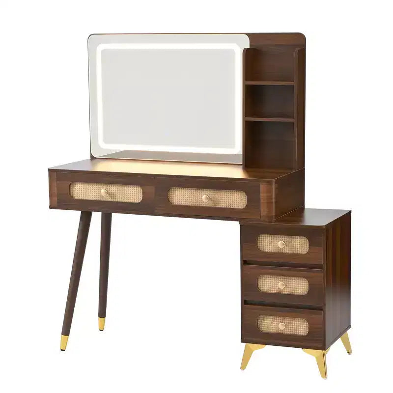 Coiffeuse Whisen avec miroir, lumières, 5 tiroirs et étagère de rangement