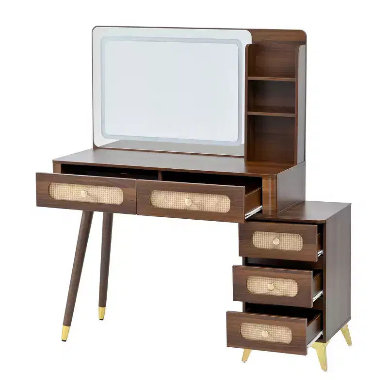 Coiffeuse Whisen avec miroir, lumières, 5 tiroirs et étagère de rangement