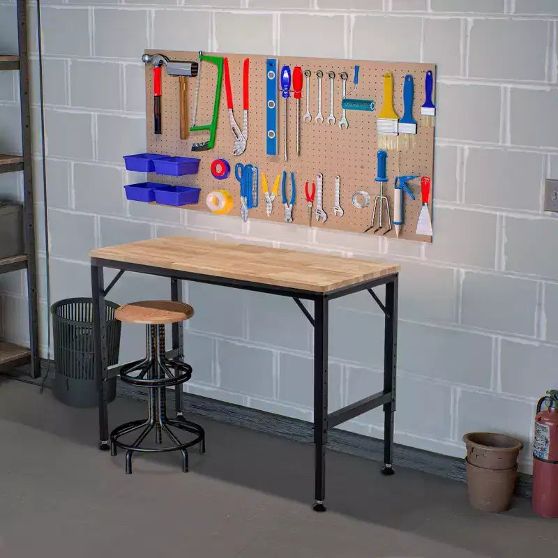 Bureau Debout Industriel Robuste Okak 48/60 Pouces, Bureau d'ordinateur Réglable avec Patins/Roues en Caoutchouc, Bureau pour Salon, Bureau, Étude