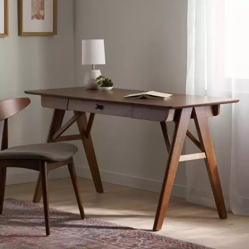 Okak 57IN Bureau d'ordinateur moderne au design élégant, bureaux à domicile avec 1 tiroir, bureau debout pour salle de lecture, chambre à coucher, bureau, noyer
