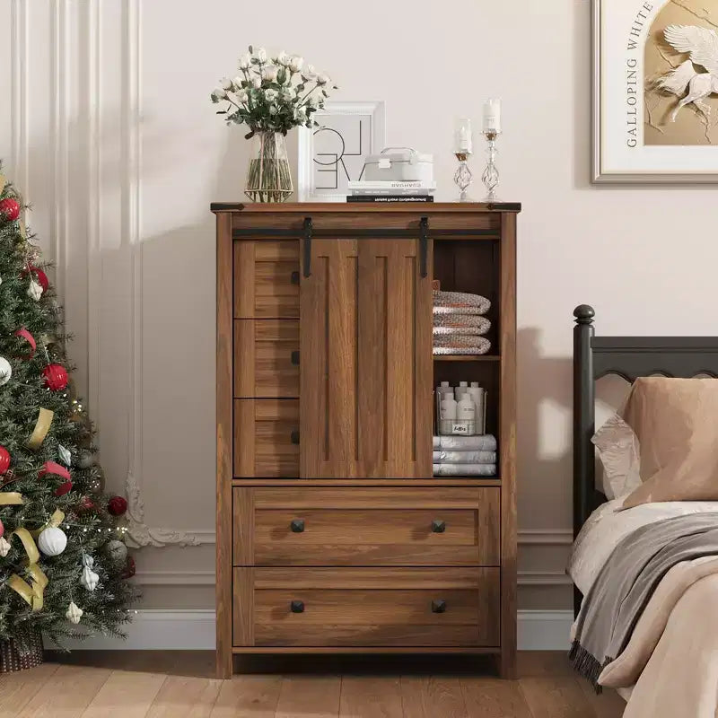 Commode 5 tiroirs, commode de chambre moderne en bois avec tiroirs de rangement, meuble TV de style ferme pour le salon, la chambre, le couloir