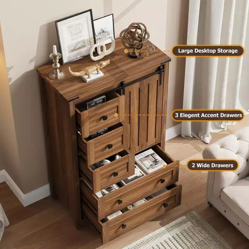 Commode 5 tiroirs, commode de chambre moderne en bois avec tiroirs de rangement, meuble TV de style ferme pour le salon, la chambre, le couloir