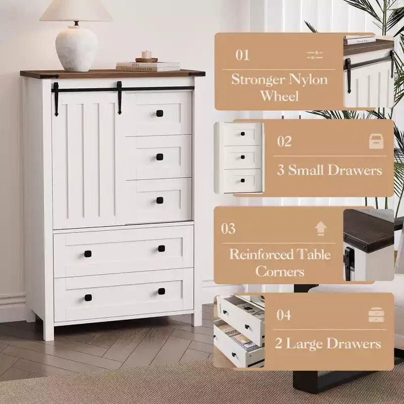 Commode 5 tiroirs, commode de chambre moderne en bois avec tiroirs de rangement, meuble TV de style ferme pour le salon, la chambre, le couloir