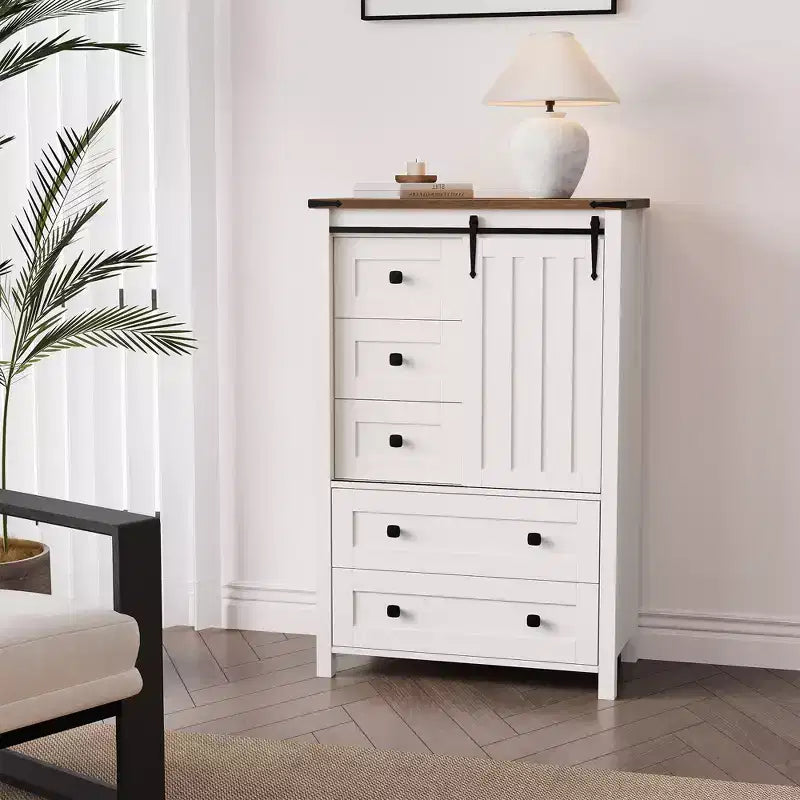 Commode 5 tiroirs, commode de chambre moderne en bois avec tiroirs de rangement, meuble TV de style ferme pour le salon, la chambre, le couloir