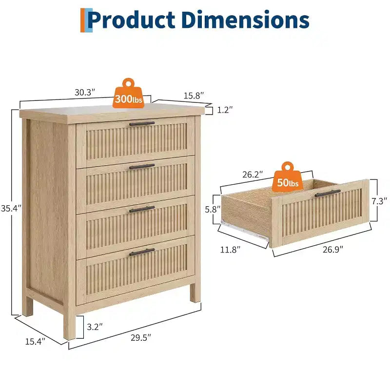 Commode 4 tiroirs, Commode de chambre moderne en bois avec poignées et tiroirs de rangement, Meuble TV de style ferme pour salon, chambre à coucher, couloir