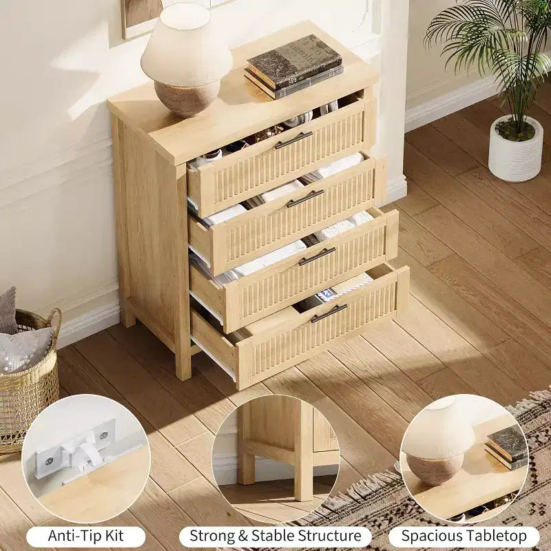 Commode 4 tiroirs, Commode de chambre moderne en bois avec poignées et tiroirs de rangement, Meuble TV de style ferme pour salon, chambre à coucher, couloir