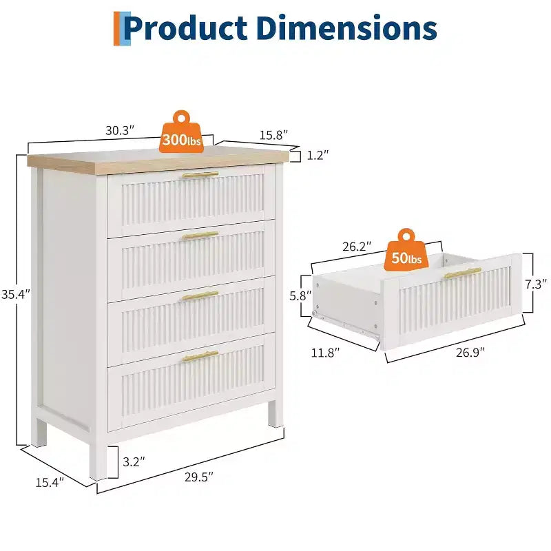 Commode 4 tiroirs, Commode de chambre moderne en bois avec poignées et tiroirs de rangement, Meuble TV de style ferme pour salon, chambre à coucher, couloir