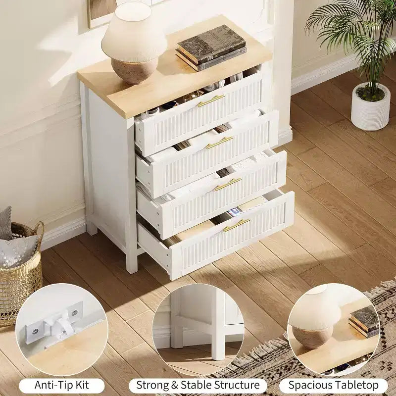 Commode 4 tiroirs, Commode de chambre moderne en bois avec poignées et tiroirs de rangement, Meuble TV de style ferme pour salon, chambre à coucher, couloir