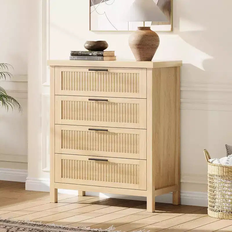 Commode 4 tiroirs, Commode de chambre moderne en bois avec poignées et tiroirs de rangement, Meuble TV de style ferme pour salon, chambre à coucher, couloir