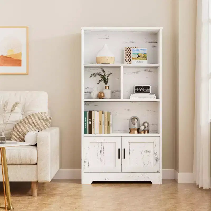 COZONY Bibliothèque à 3 étagères avec lumières LED et portes, bibliothèque de style ferme avec vitrine en bois pour chambre, salon, bureau