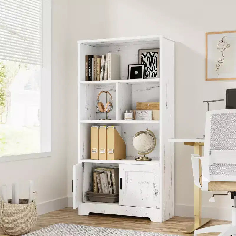 COZONY Bibliothèque à 3 étagères avec lumières LED et portes, bibliothèque de style ferme avec vitrine en bois pour chambre, salon, bureau