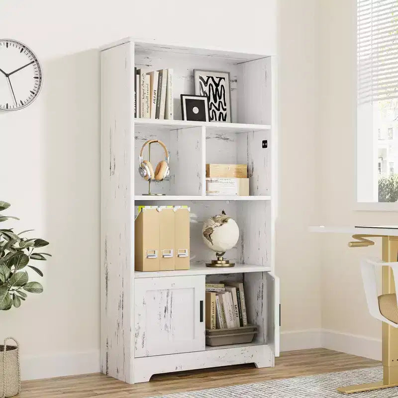 COZONY Bibliothèque à 3 étagères avec lumières LED et portes, bibliothèque de style ferme avec vitrine en bois pour chambre, salon, bureau