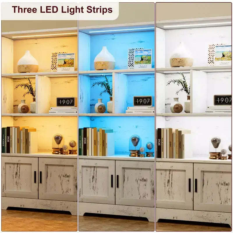 COZONY Bibliothèque à 3 étagères avec lumières LED et portes, bibliothèque de style ferme avec vitrine en bois pour chambre, salon, bureau
