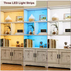 COZONY Bibliothèque à 3 étagères avec lumières LED et portes, bibliothèque de style ferme avec vitrine en bois pour chambre, salon, bureau