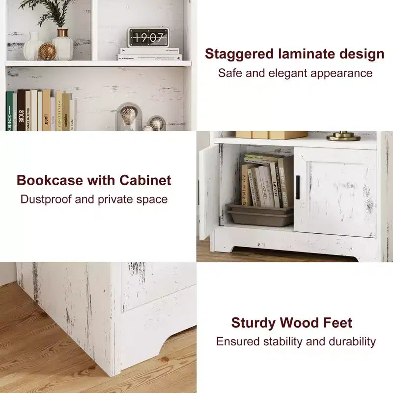 COZONY Bibliothèque à 3 étagères avec lumières LED et portes, bibliothèque de style ferme avec vitrine en bois pour chambre, salon, bureau