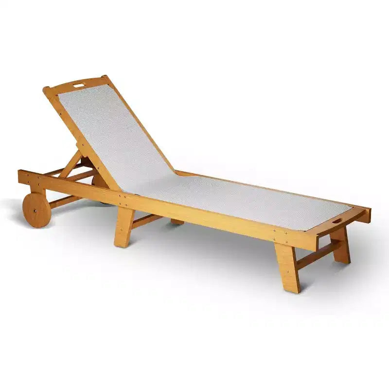 Chaise longue de patio réglable avec roulettes, transat d'extérieur en bois d'acacia avec coussin en maille Teslin, dossier réglable sur 3 positions, blanc