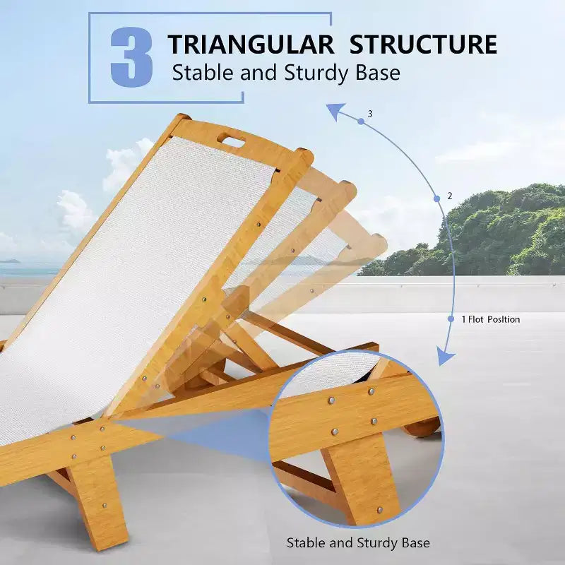 Chaise longue de patio réglable avec roulettes, transat d'extérieur en bois d'acacia avec coussin en maille Teslin, dossier réglable sur 3 positions, blanc