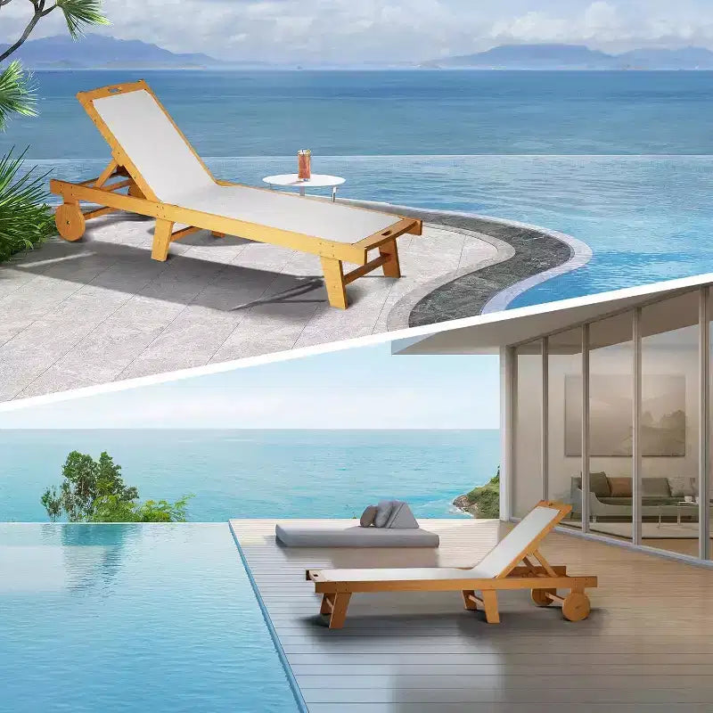 Chaise longue de patio réglable avec roulettes, transat d'extérieur en bois d'acacia avec coussin en maille Teslin, dossier réglable sur 3 positions, blanc
