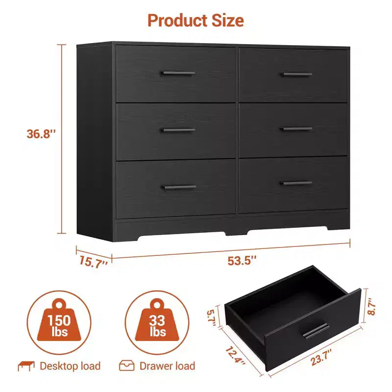 Commode double à 6 tiroirs, meuble TV de 120 cm de large et armoire de rangement pour chambre à coucher
