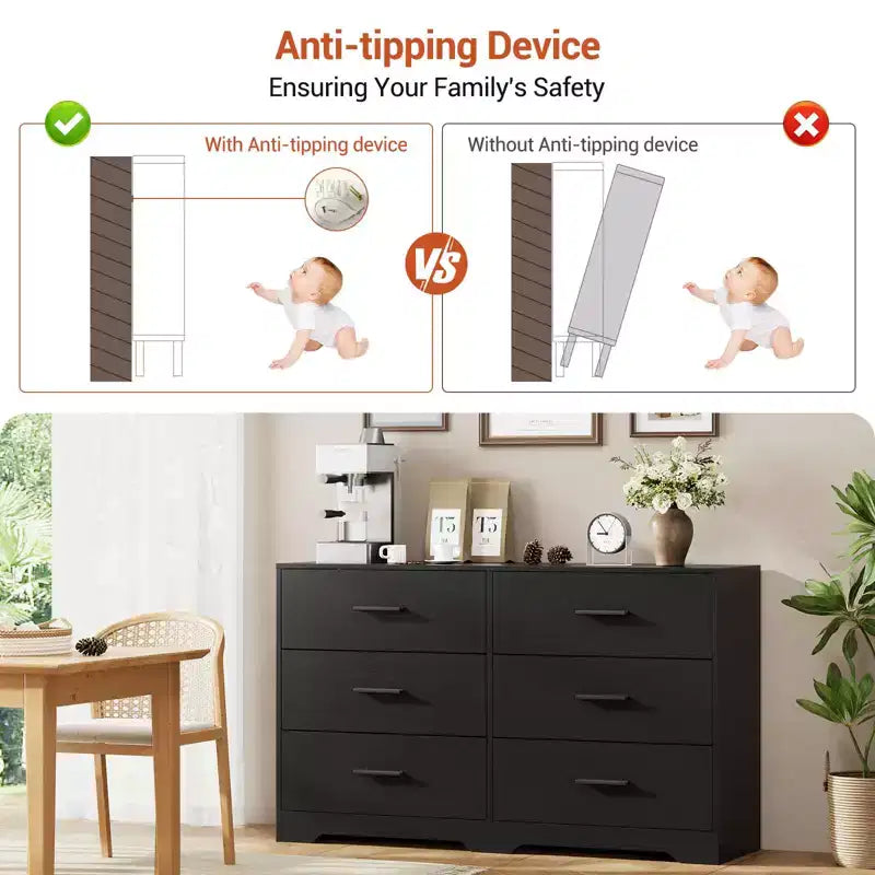 Commode double à 6 tiroirs, meuble TV de 120 cm de large et armoire de rangement pour chambre à coucher