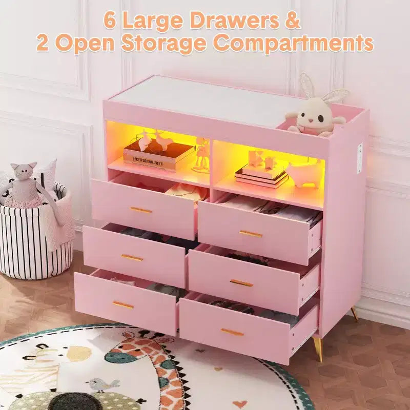 Meuble de rangement à tiroirs, commode à langer, prise de courant, avec lumière et pieds en métal, convient pour le salon, la chambre et la chambre de bébé