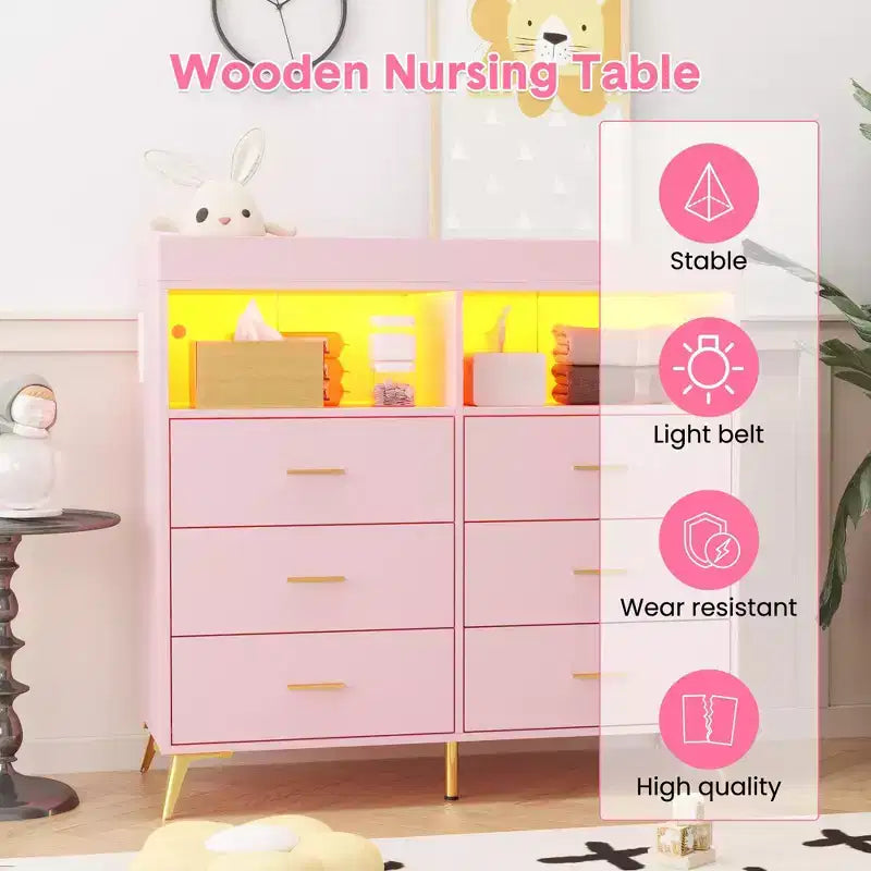 Meuble de rangement à tiroirs, commode à langer, prise de courant, avec lumière et pieds en métal, convient pour le salon, la chambre et la chambre de bébé