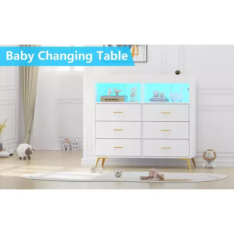 Meuble de rangement à tiroirs, commode à langer, prise de courant, avec lumière et pieds en métal, convient pour le salon, la chambre et la chambre de bébé