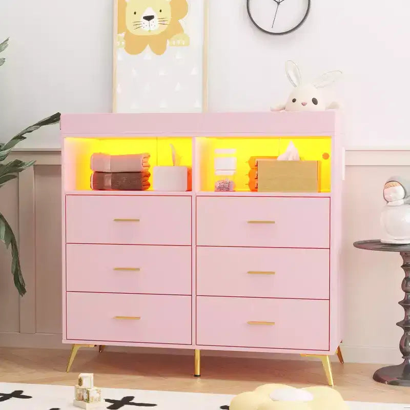 Meuble de rangement à tiroirs, commode à langer, prise de courant, avec lumière et pieds en métal, convient pour le salon, la chambre et la chambre de bébé
