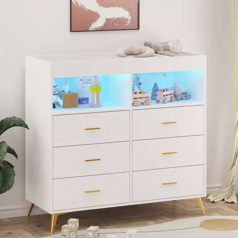 Meuble de rangement à tiroirs, commode à langer, prise de courant, avec lumière et pieds en métal, convient pour le salon, la chambre et la chambre de bébé