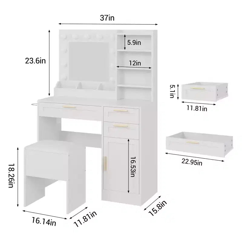 COZONY 37 Meuble Coiffeuse avec Miroir et Lumières, Ensemble de Table de Maquillage avec 3 Tiroirs, Intensité Variable 3 Couleurs, Prises Électriques